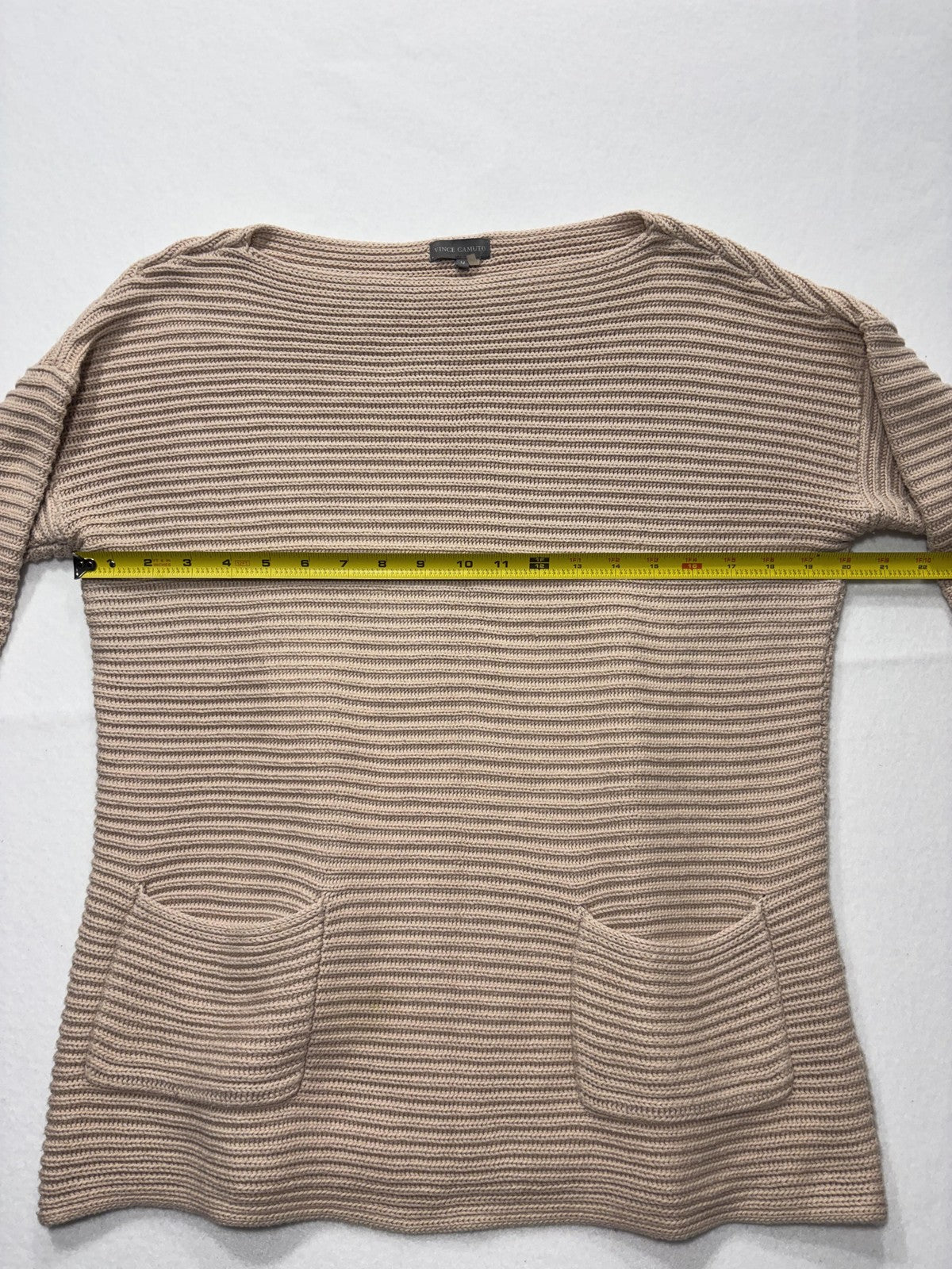 Vince Camuto Sweater Womens Medium Beige Textured Knit Boat Neck Pocket Pullover