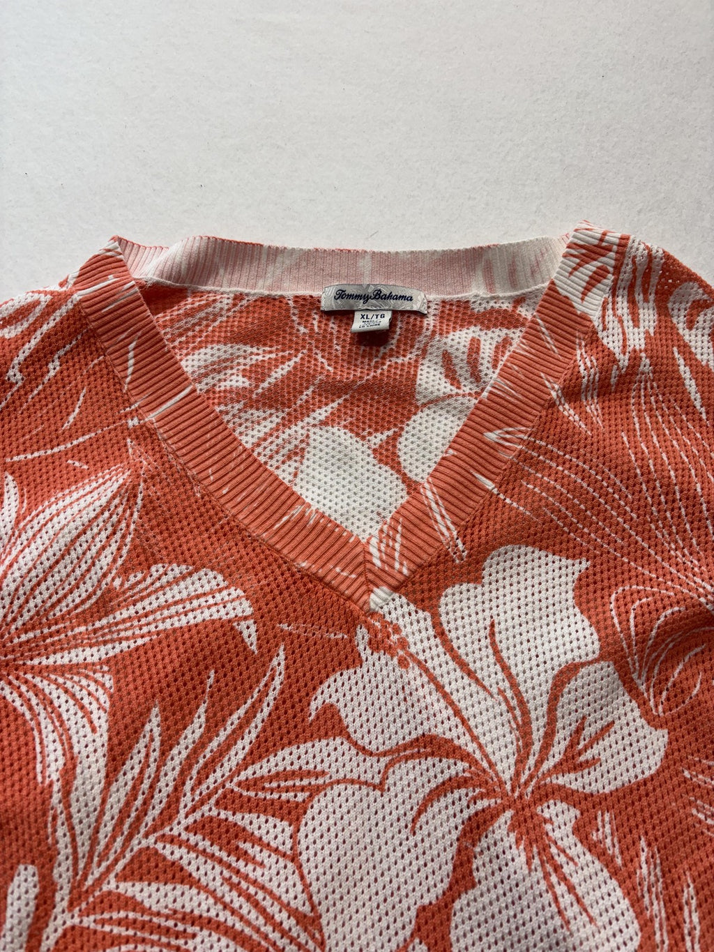 Tommy Bahama Sweater Womens XL Orange Floral V Neck Waffle Knit Tropical Top