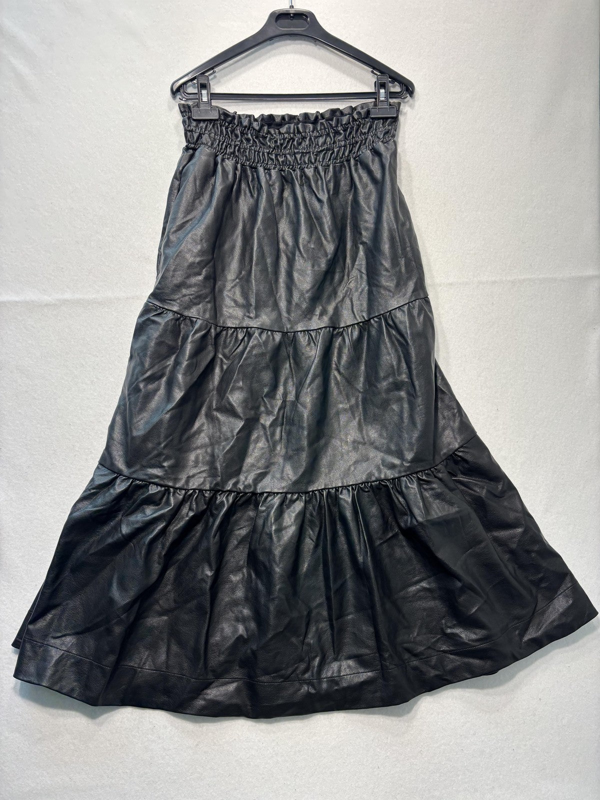Anthropologie Skirt Womens Small Black Faux Leather Tiered Ruffle Maxi Lined