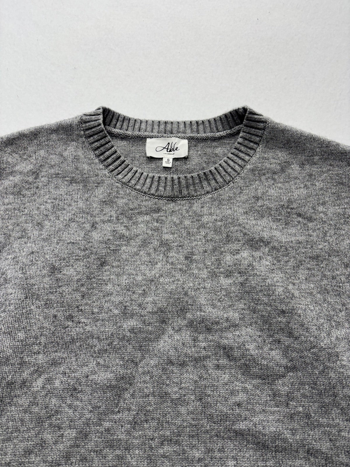 Able Sweater Womens Small Gray Crew Neck Sequin Bow Side Slit Knit Pullover
