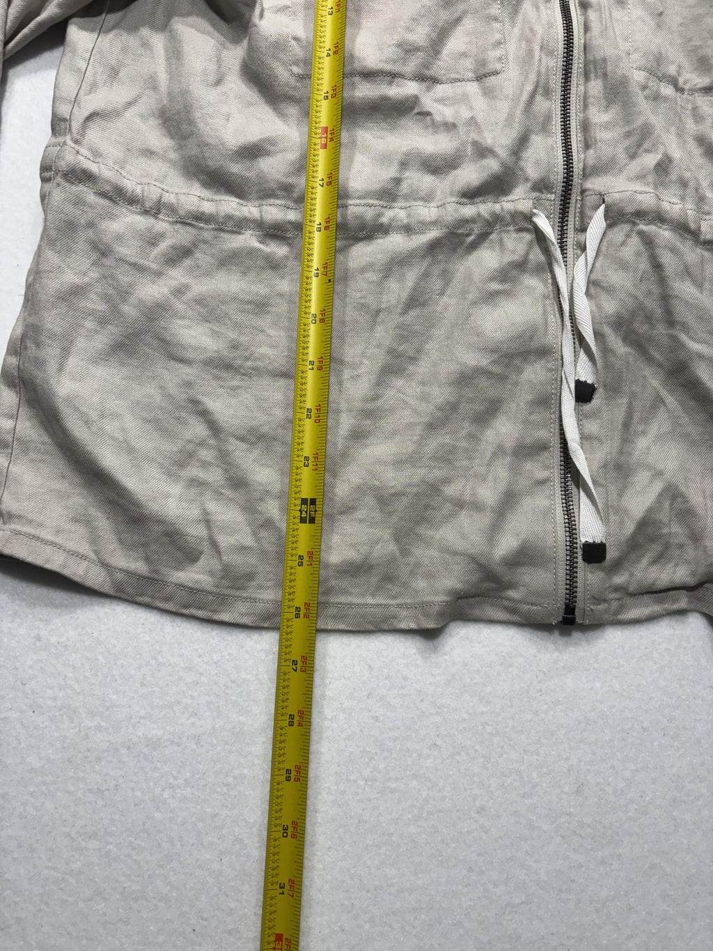 Maeve Jacket Womens L Beige Linen Blend Collarless Full Zip Waist Drawstring