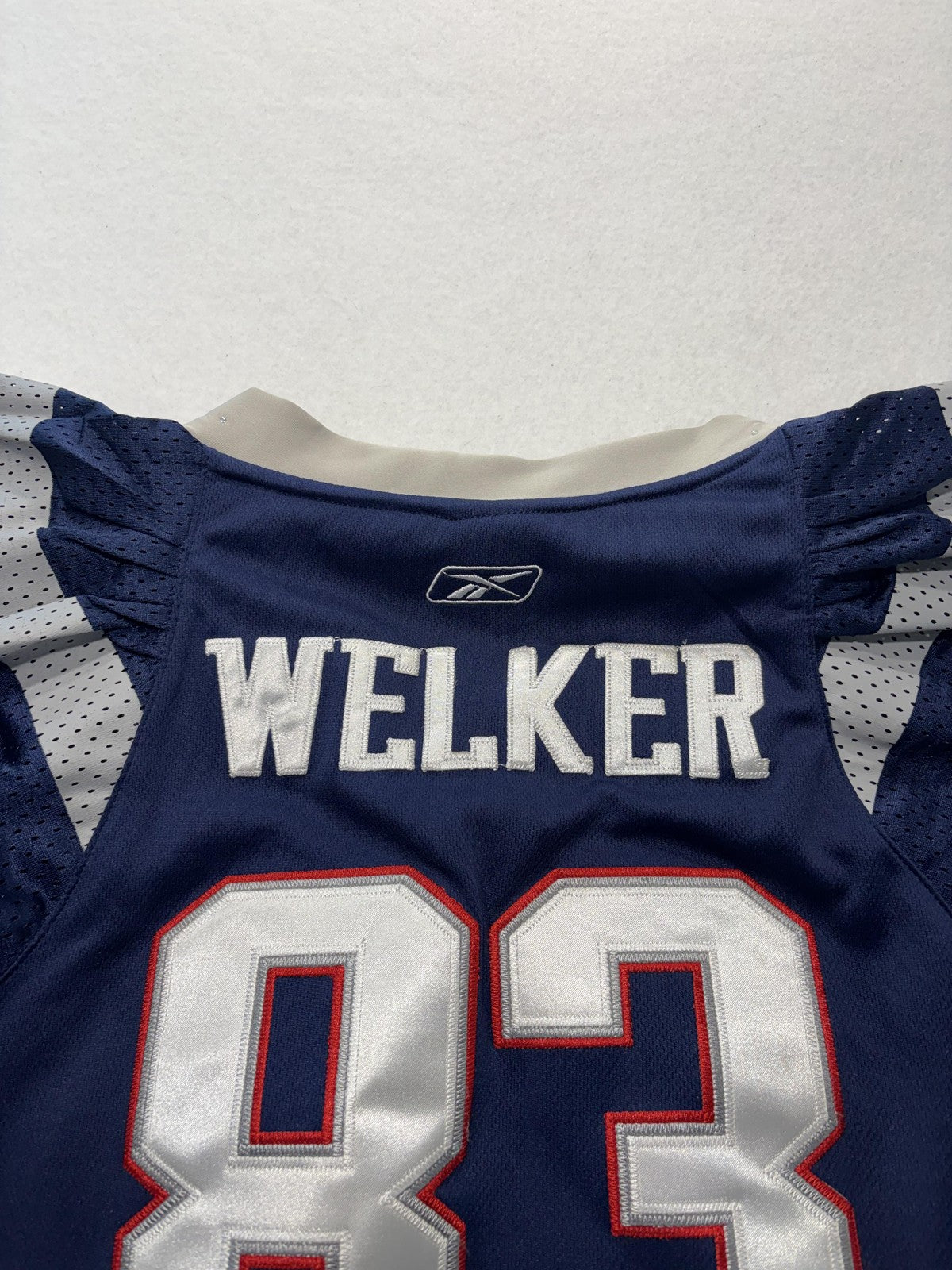 New England Patriots Jersey Womens Large Blue NFL Football Reebok Welker 83