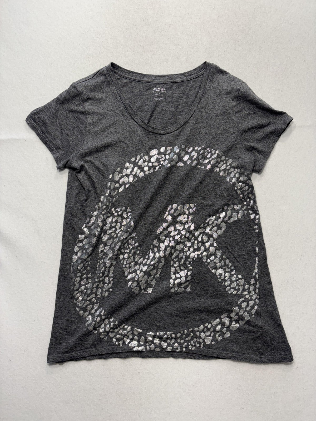 MICHAEL Michael Kors Shirt Womens Medium Gray Leopard MK Logo Short Sleeve Tee