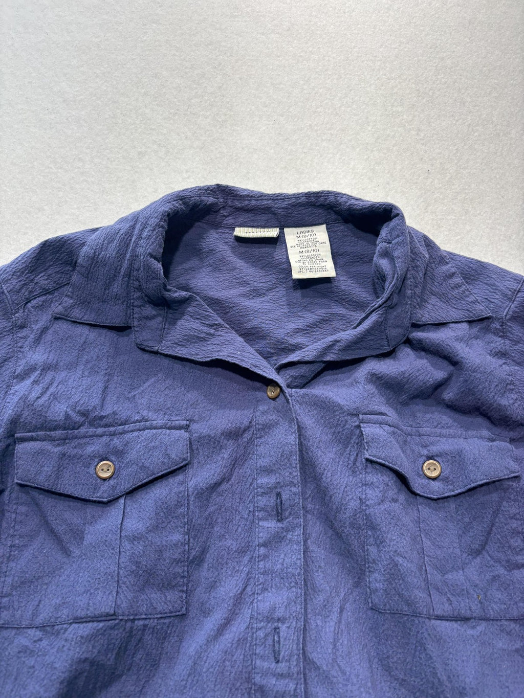 White Stag Womens Medium Blue Button Up Shirt Roll Tab Sleeve Stretch WSS11519