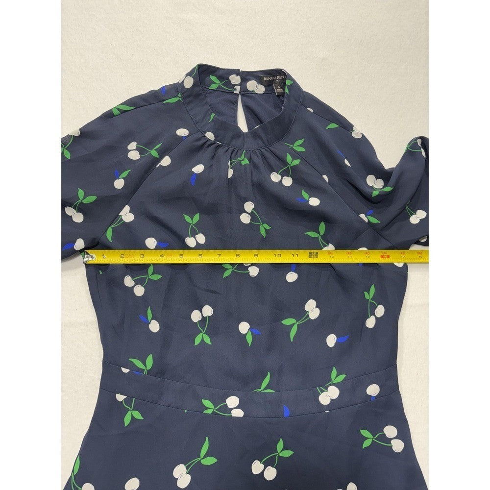 Banana Republic Dress Womens 6 Blue Cherry Print Mock Neck Long Sleeve Fit Flare
