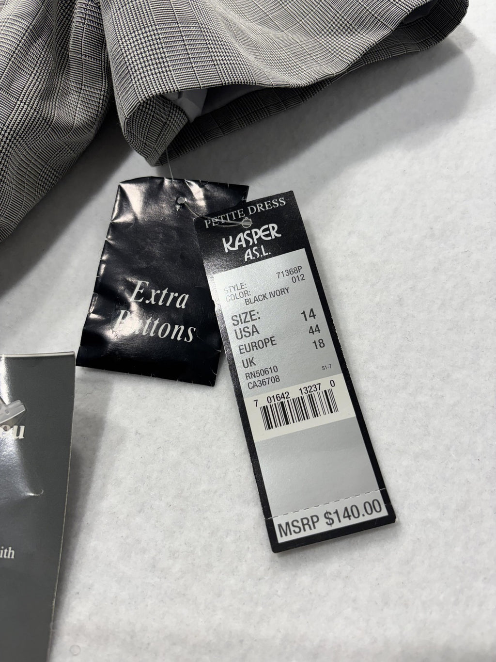 Kasper ASL Jacket Dress Womens 14P Gray Plaid Short Sleeve Belted Workwear
