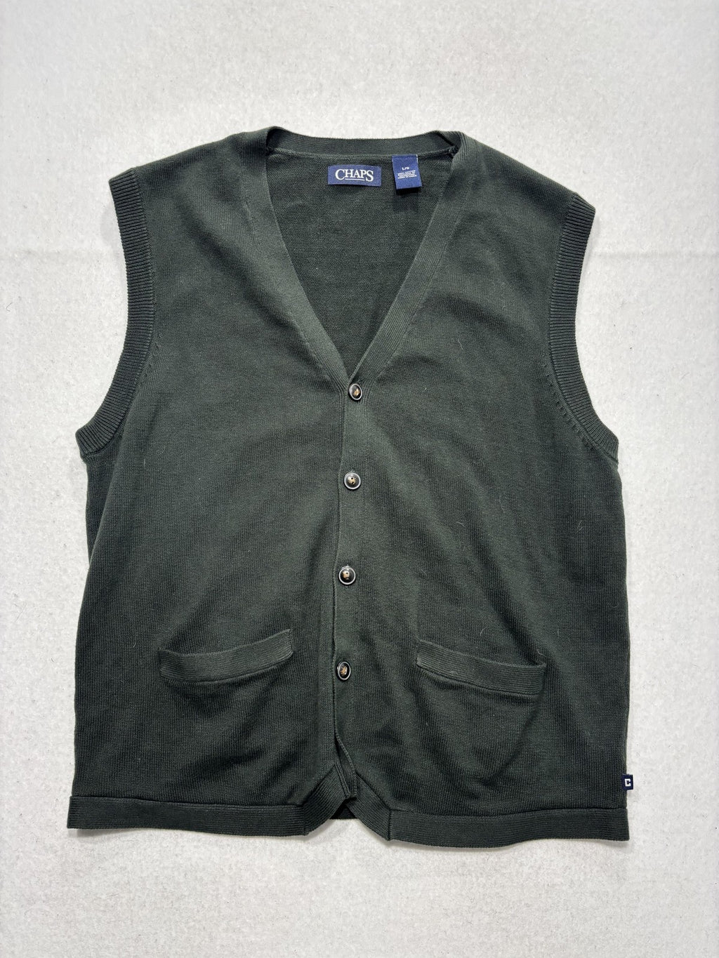 Chaps Sweater Vest Mens Large Green V Neck Button Front Cotton Knit Pockets