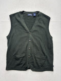 Chaps Sweater Vest Mens Large Green V Neck Button Front Cotton Knit Pockets