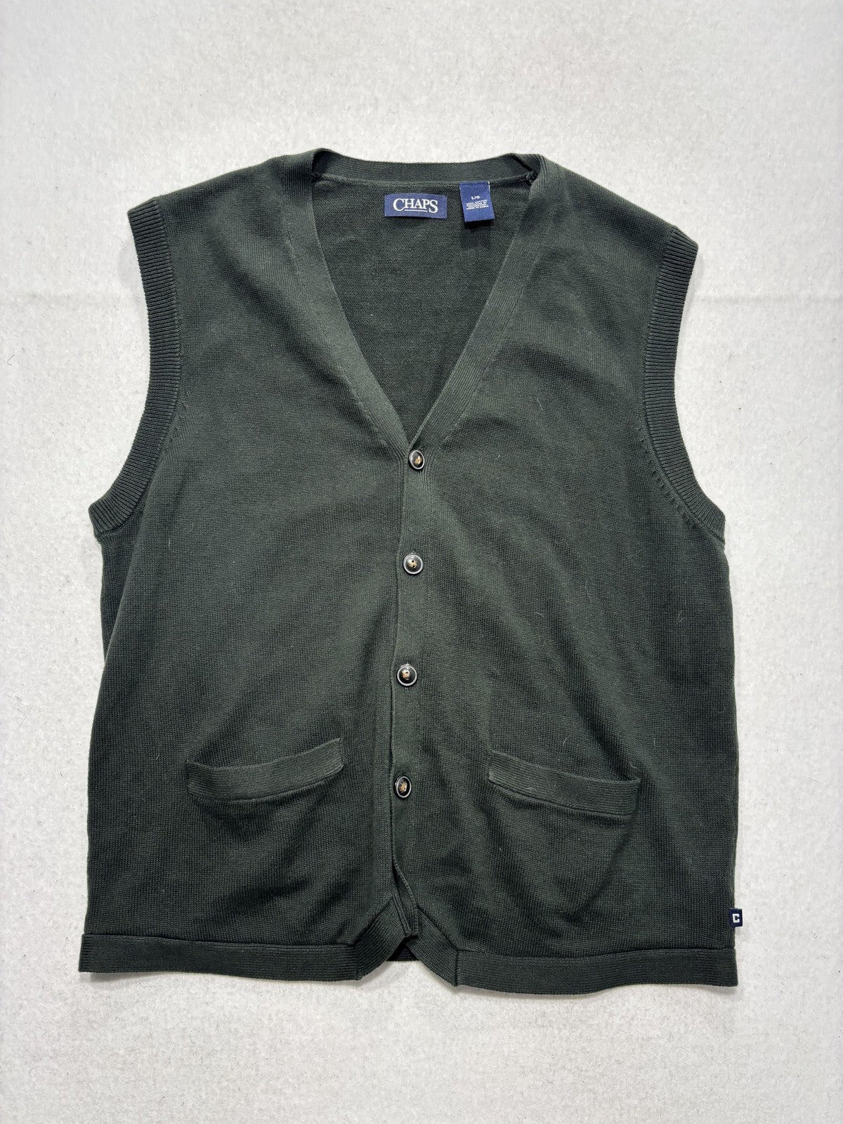 Chaps Sweater Vest Mens Large Green V Neck Button Front Cotton Knit Pockets