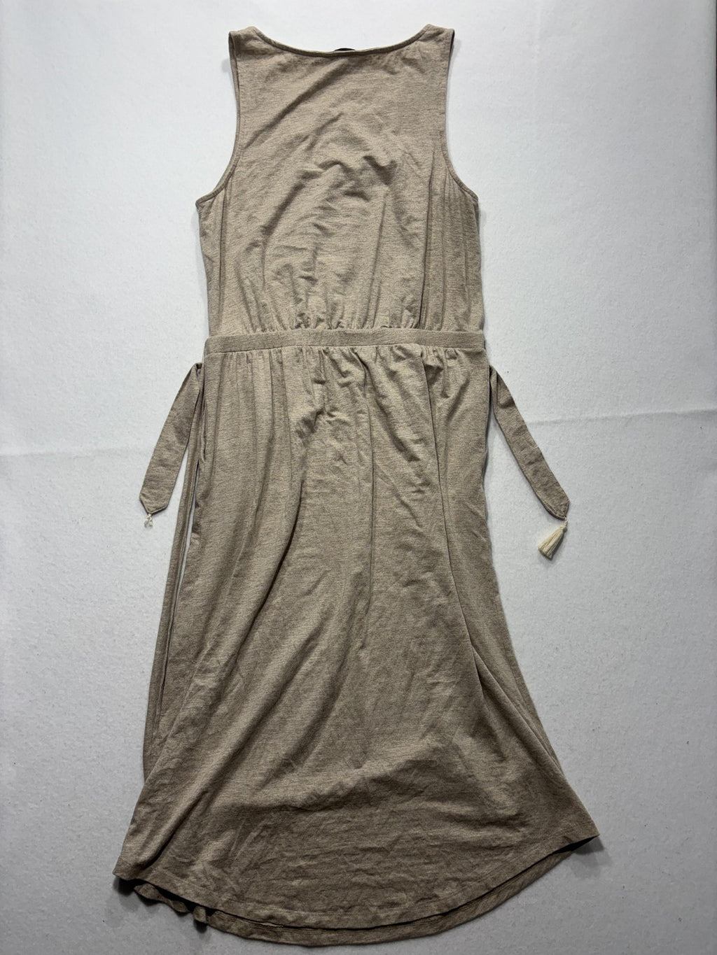 Tommy Bahama Dress Womens Medium Beige Beaded Scoop Neck Belted Hi Low Sundress