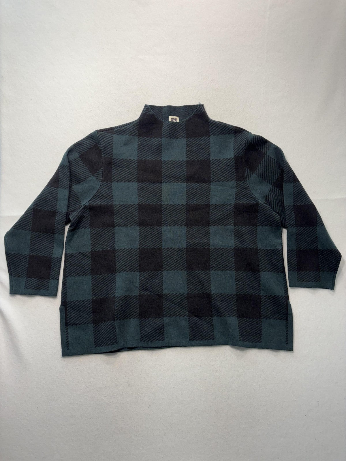 Anne Klein Sweater Womens XL Green Plaid Mock Neck 3/4 Sleeve Knit Pullover