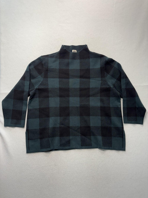 Anne Klein Sweater Womens XL Green Plaid Mock Neck 3/4 Sleeve Knit Pullover