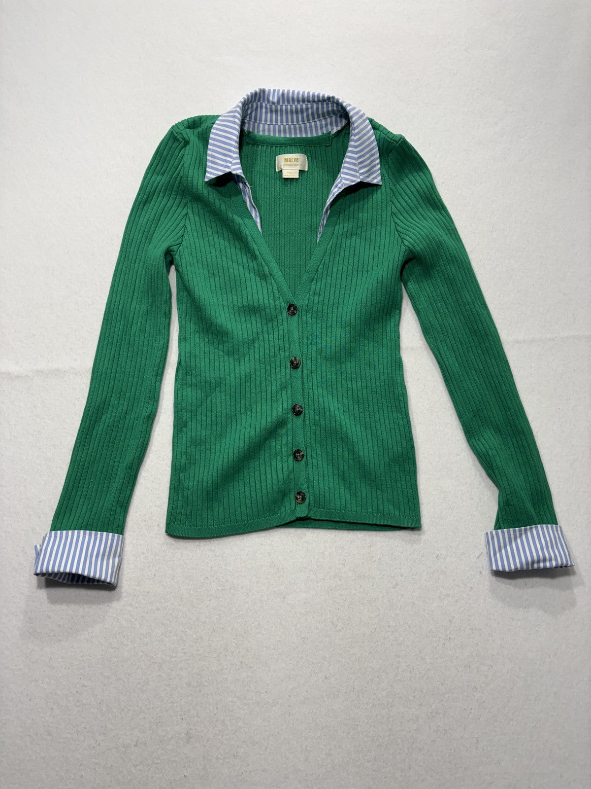 Maeve Cardigan Womens XXS Green Long Sleeve Button Front Knit Striped Cuff
