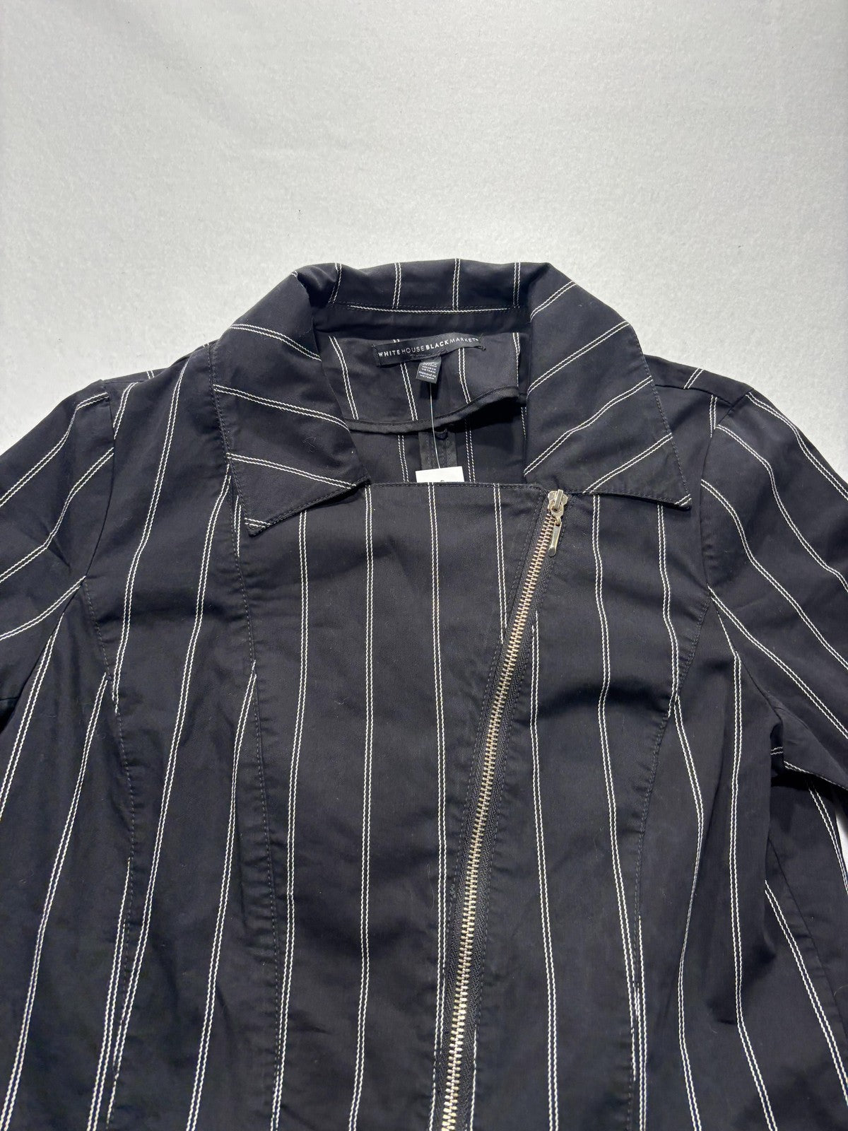 White House Black Market Moto Jacket Womens 12 Black Stripe Twill Zip Short
