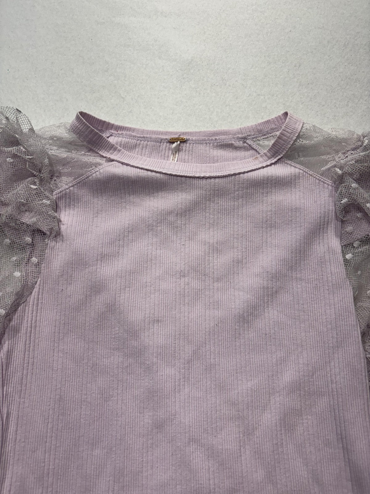 Urban Outfitters Top Womens M/L Purple Crew Neck Sheer Puff Sleeve Dot Ruffle