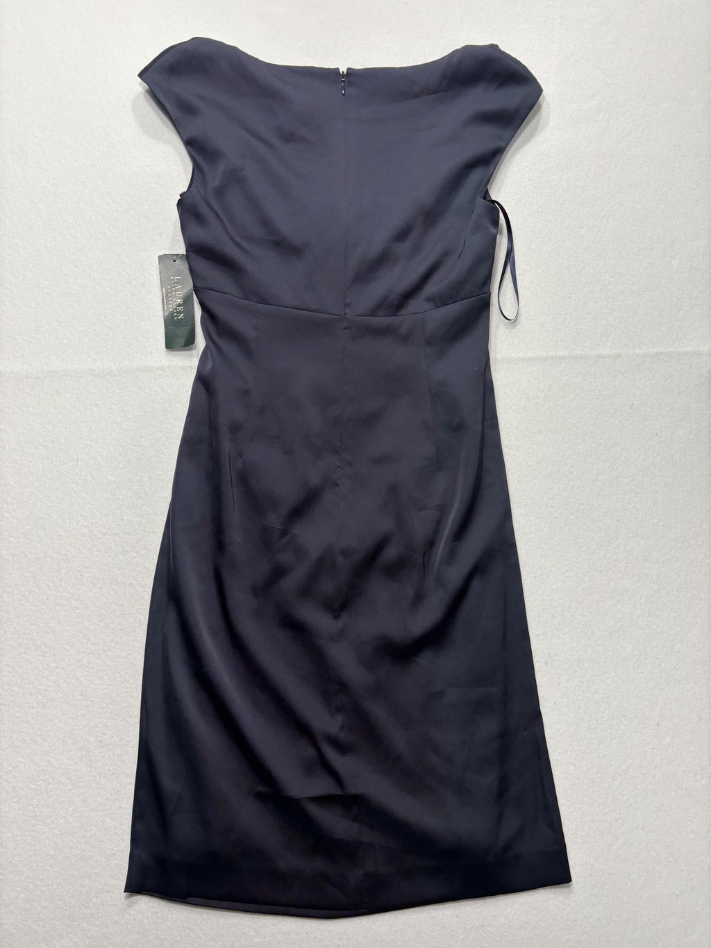 Lauren Ralph Lauren Evening Dress Womens 8 Blue Ruched Satin Sheath Knee Length