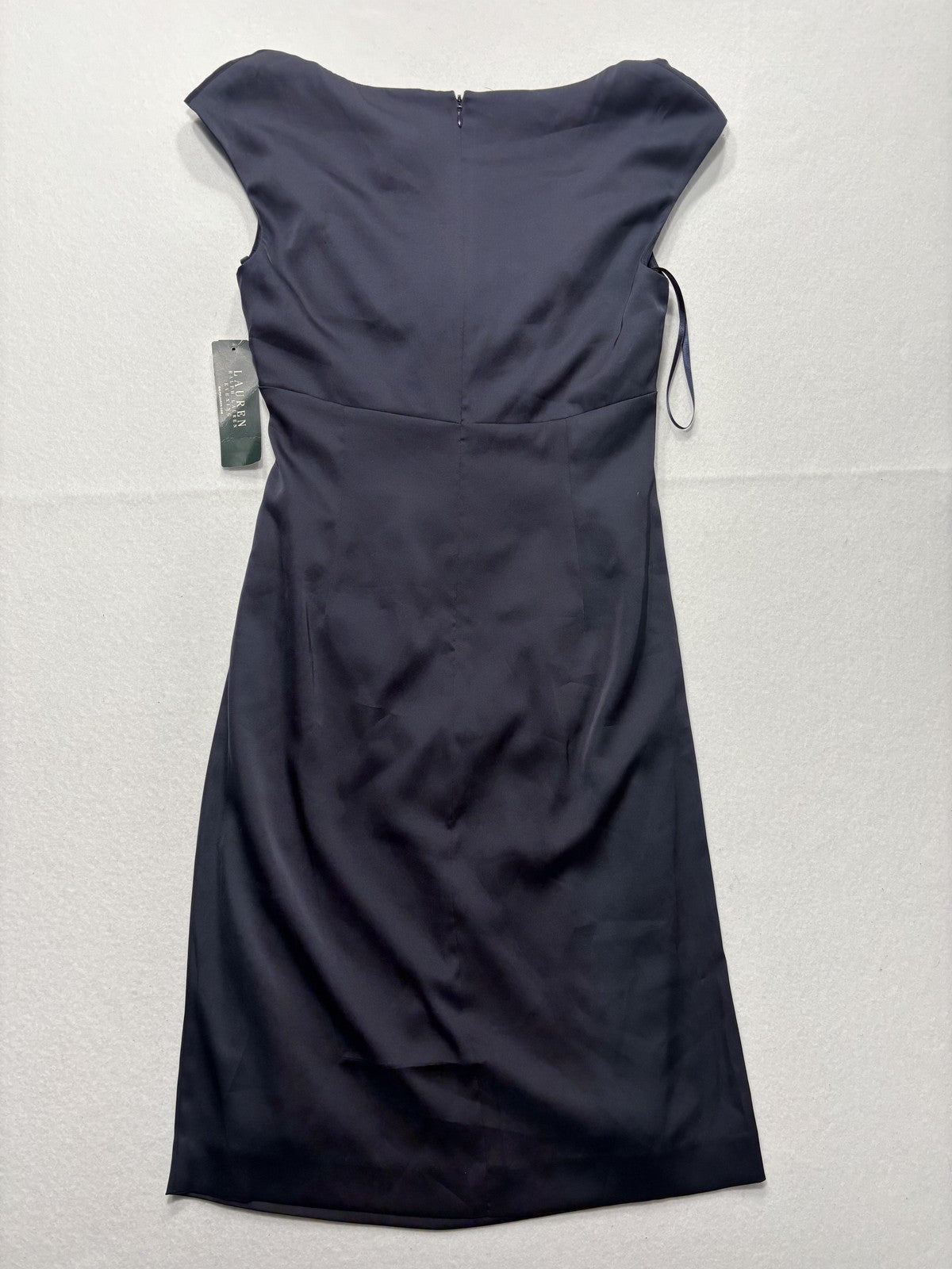 Lauren Ralph Lauren Evening Dress Womens 8 Blue Ruched Satin Sheath Knee Length