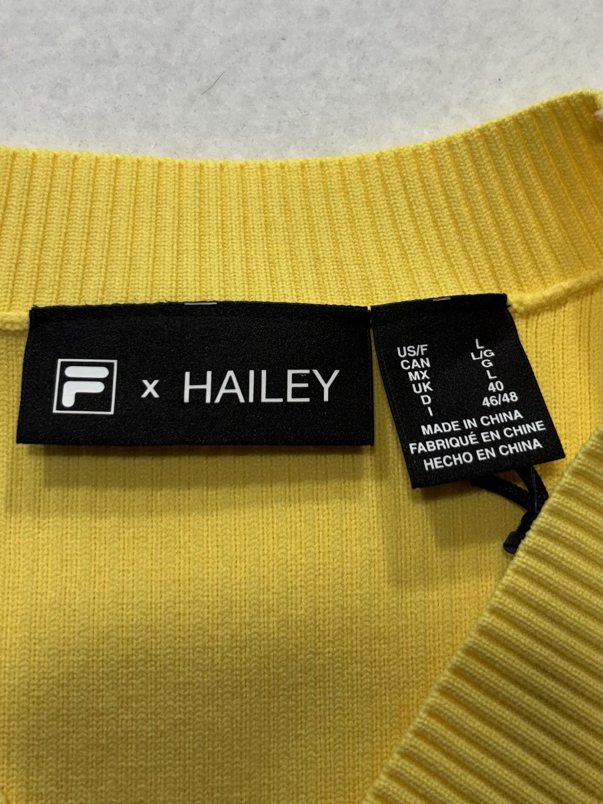 FILA Sweater Vest Womens Large Yellow V Neck Rib Knit Logo Hailey Crop Top