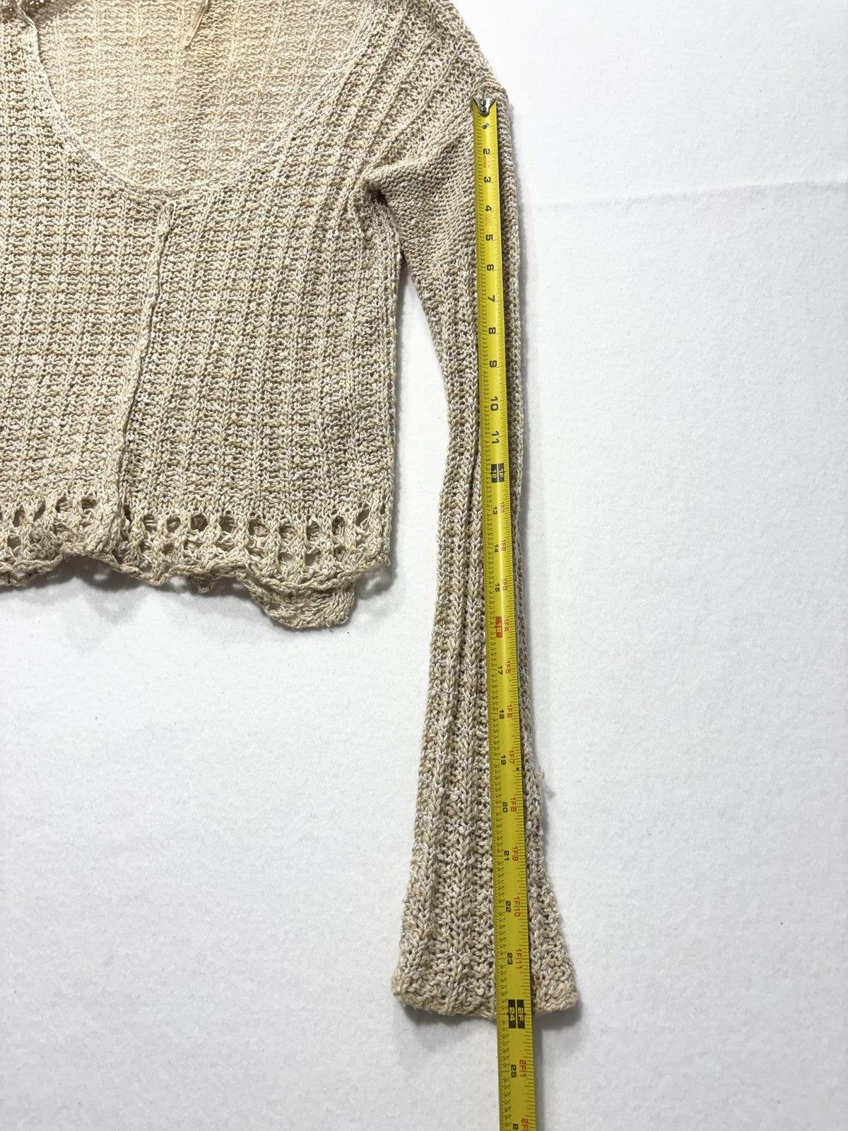 Free People Sweater Womens XS Beige V Neck Long Sleeve Open Knit Crochet Boho