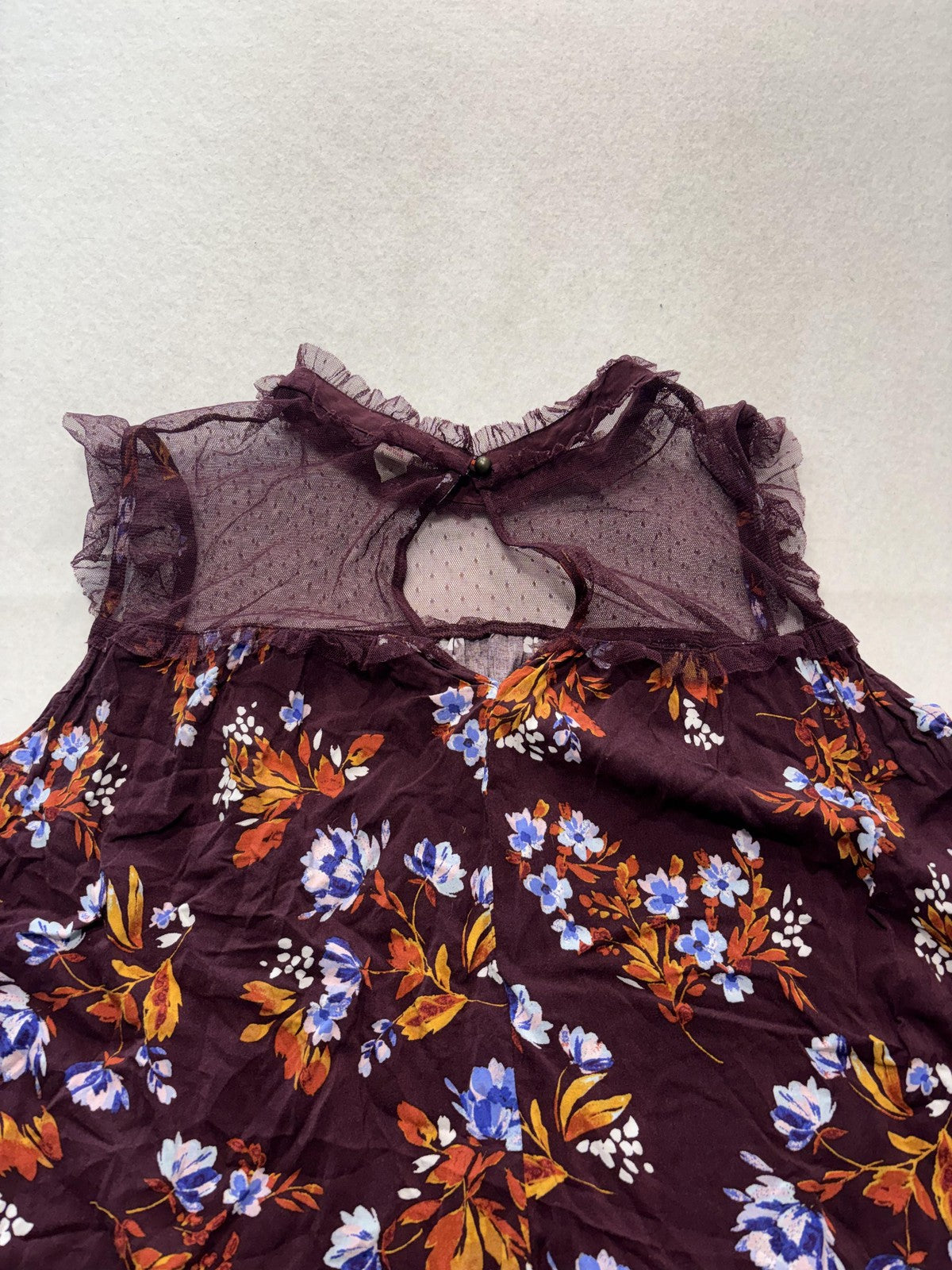 Arizona Jean Co. Blouse Juniors XL Purple Floral Mesh Mock Neck Ruffle Sheer