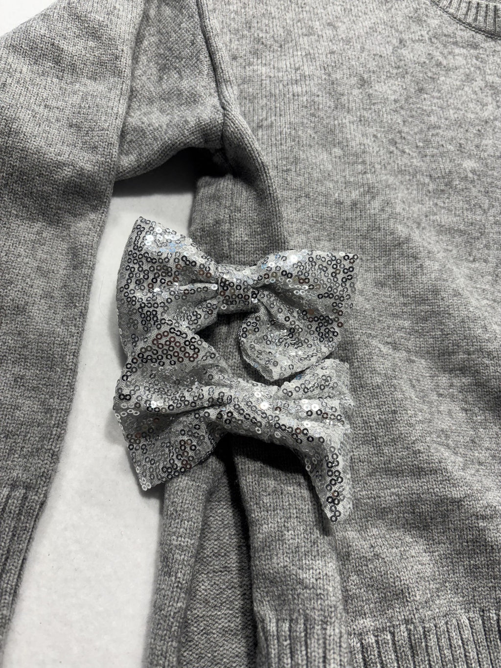 Able Sweater Womens Small Gray Crew Neck Sequin Bow Side Slit Knit Pullover