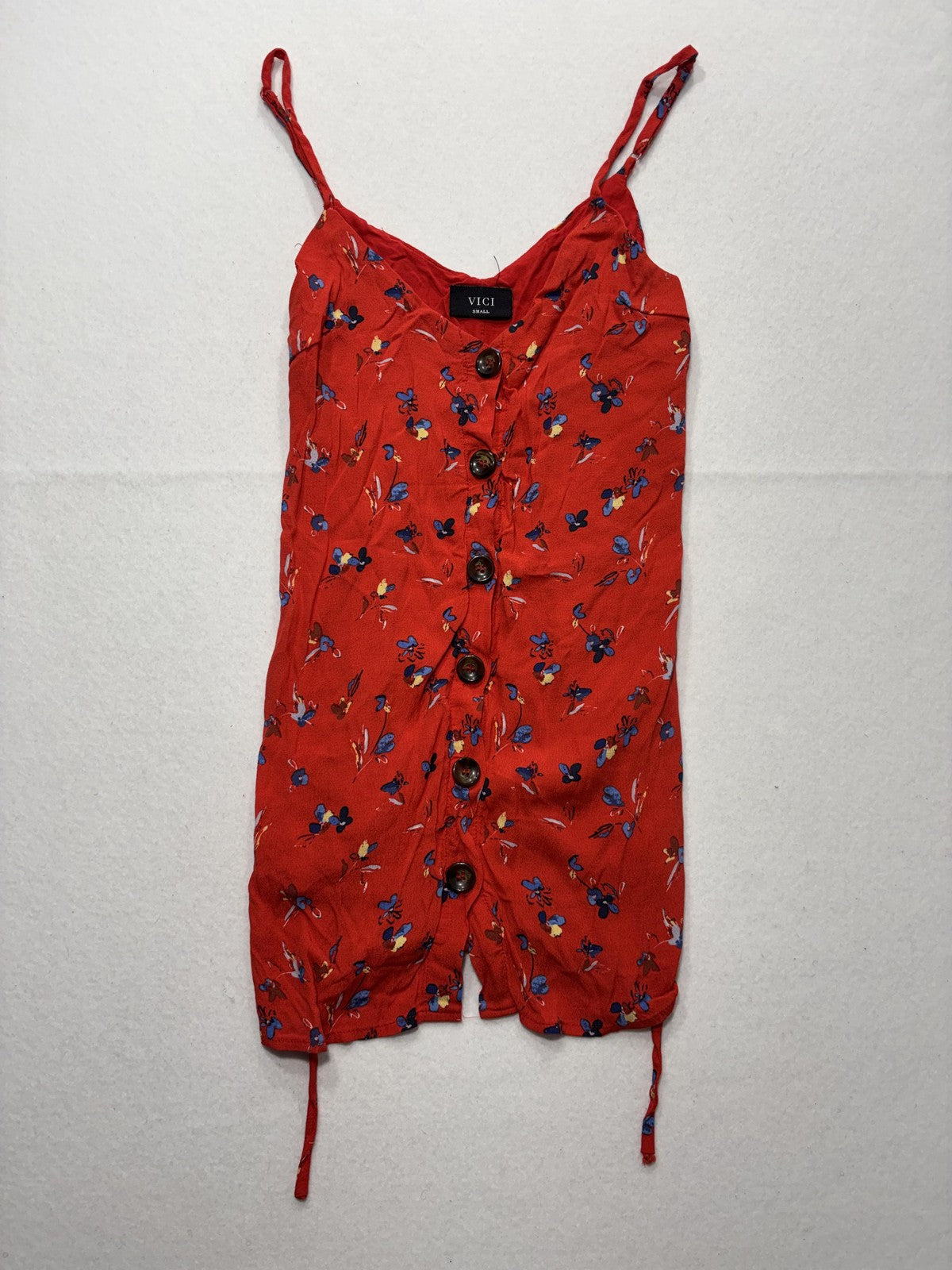 VICI Romper Womens Small Red Floral V Neck Button Front Adjustable Waist