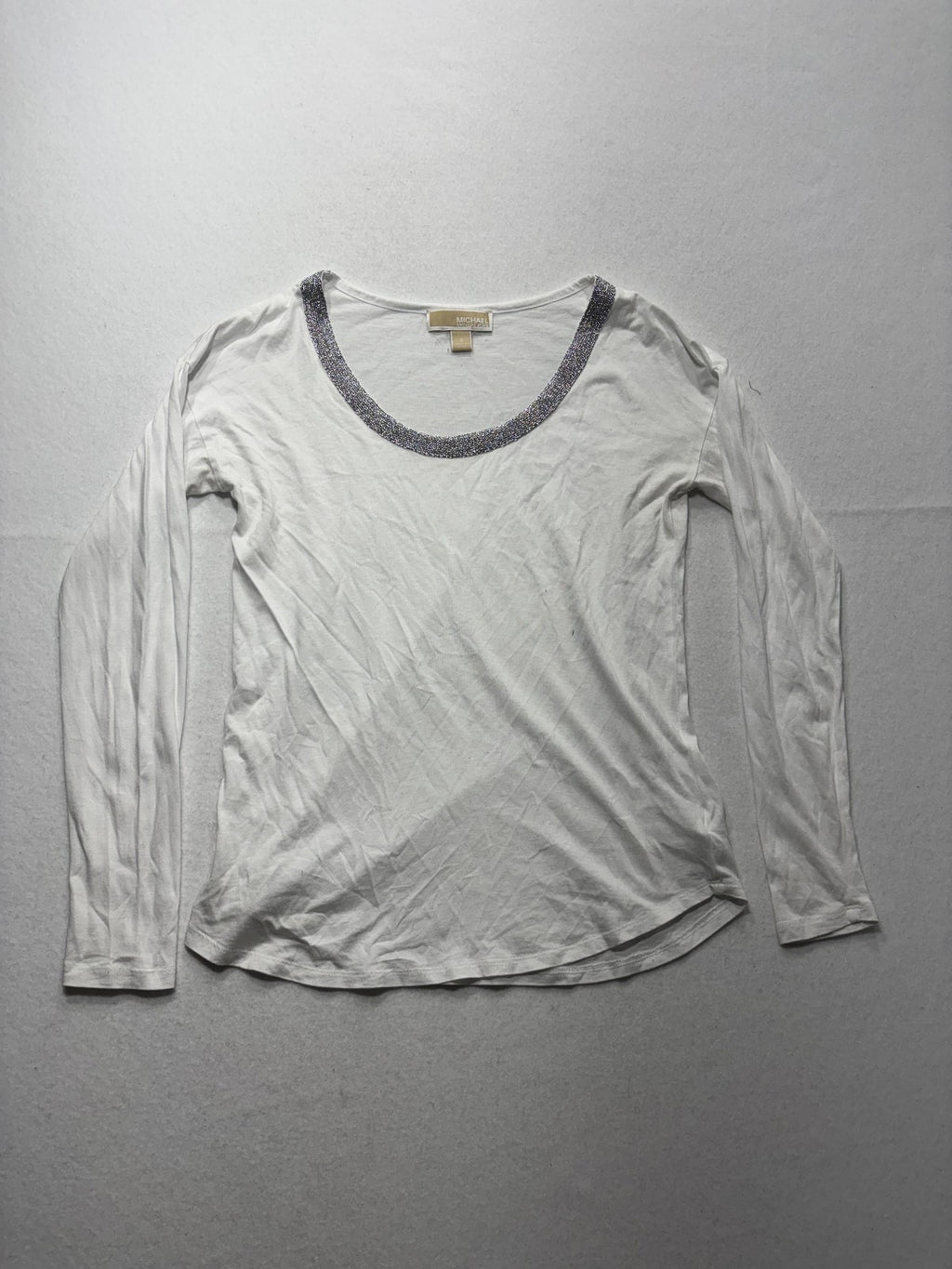MICHAEL Michael Kors Top Womens Small White Scoop Neck Beaded Long Sleeve Jersey
