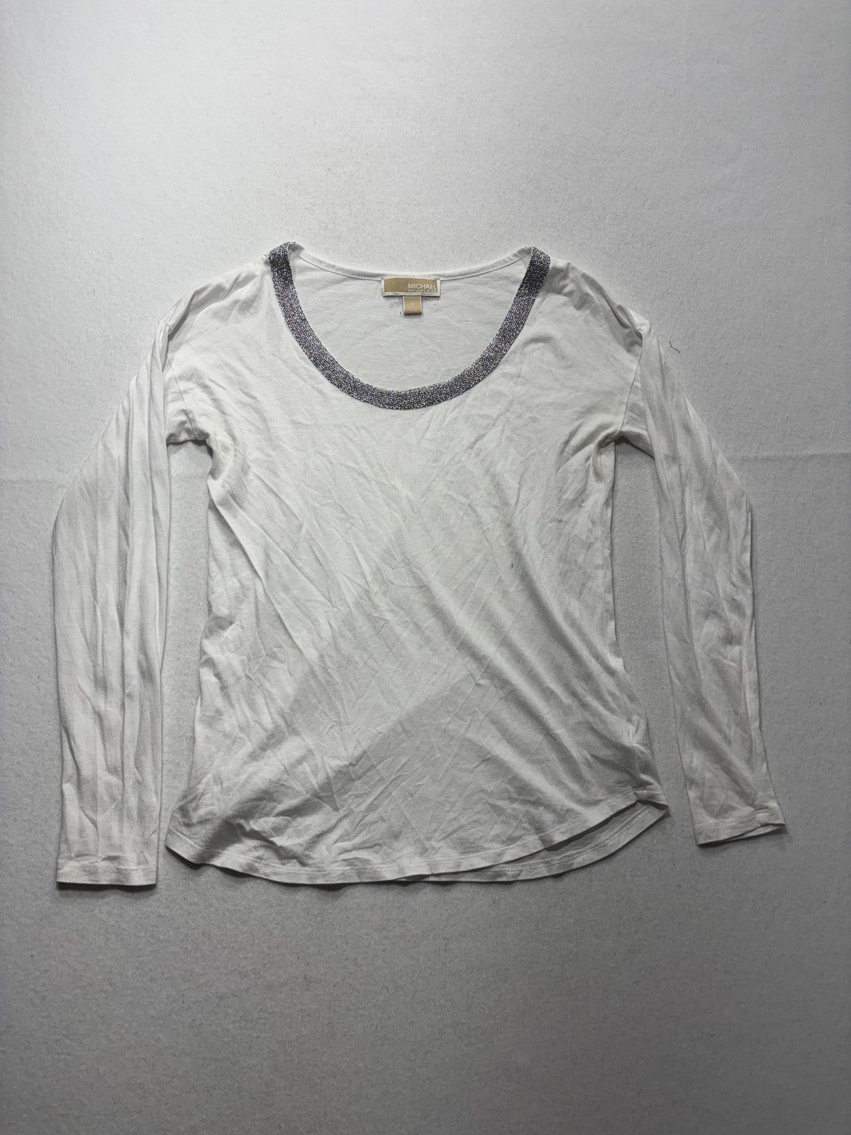 MICHAEL Michael Kors Top Womens Small White Scoop Neck Beaded Long Sleeve Jersey