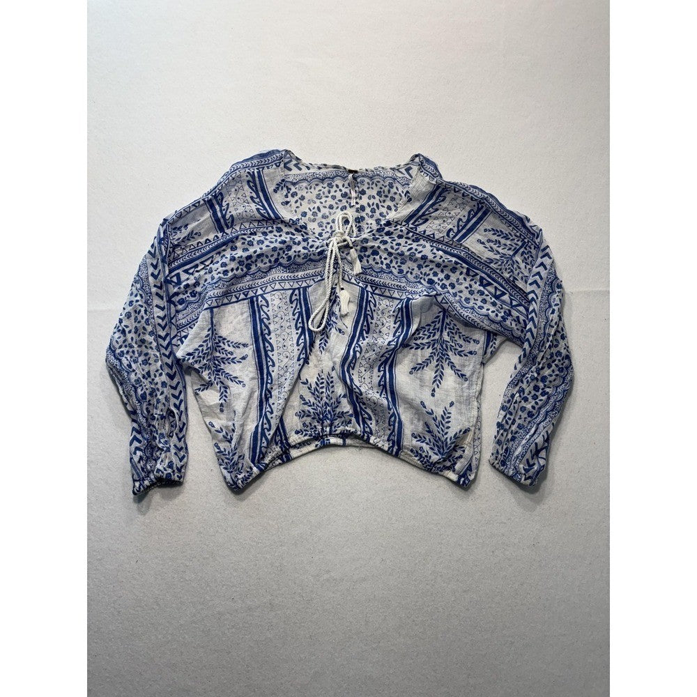 Free People Blouse Womens Medium Blue Long Sleeve Floral Tassel Crop Top Boho