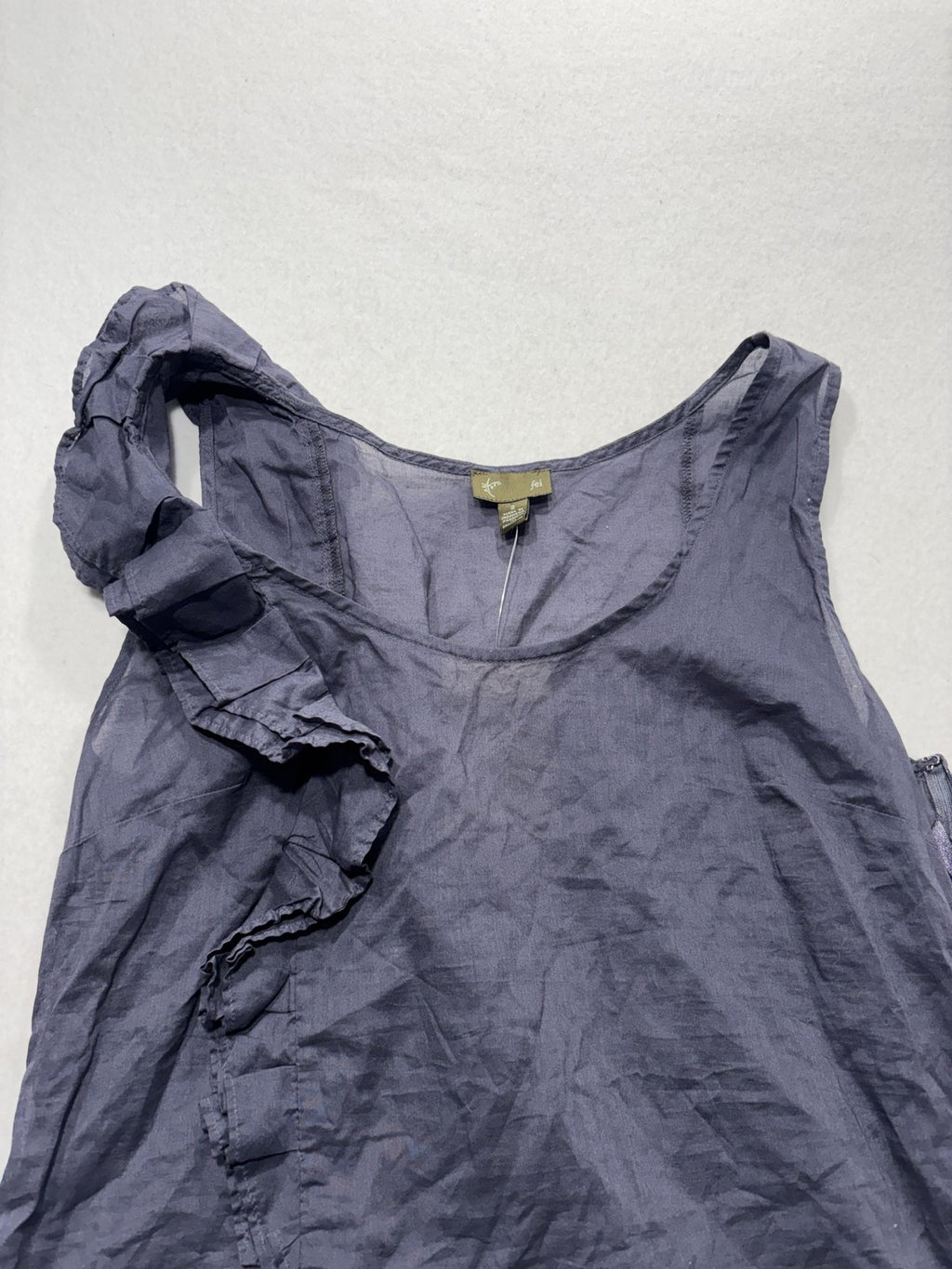 Fei Tank Womens 2 Blue Scoop Neck Ruffle Shoulder Side Zip Cotton Summer Top