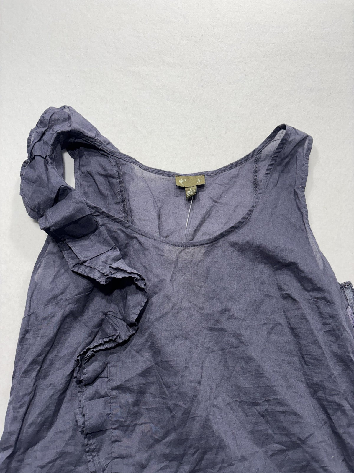 Fei Tank Womens 2 Blue Scoop Neck Ruffle Shoulder Side Zip Cotton Summer Top