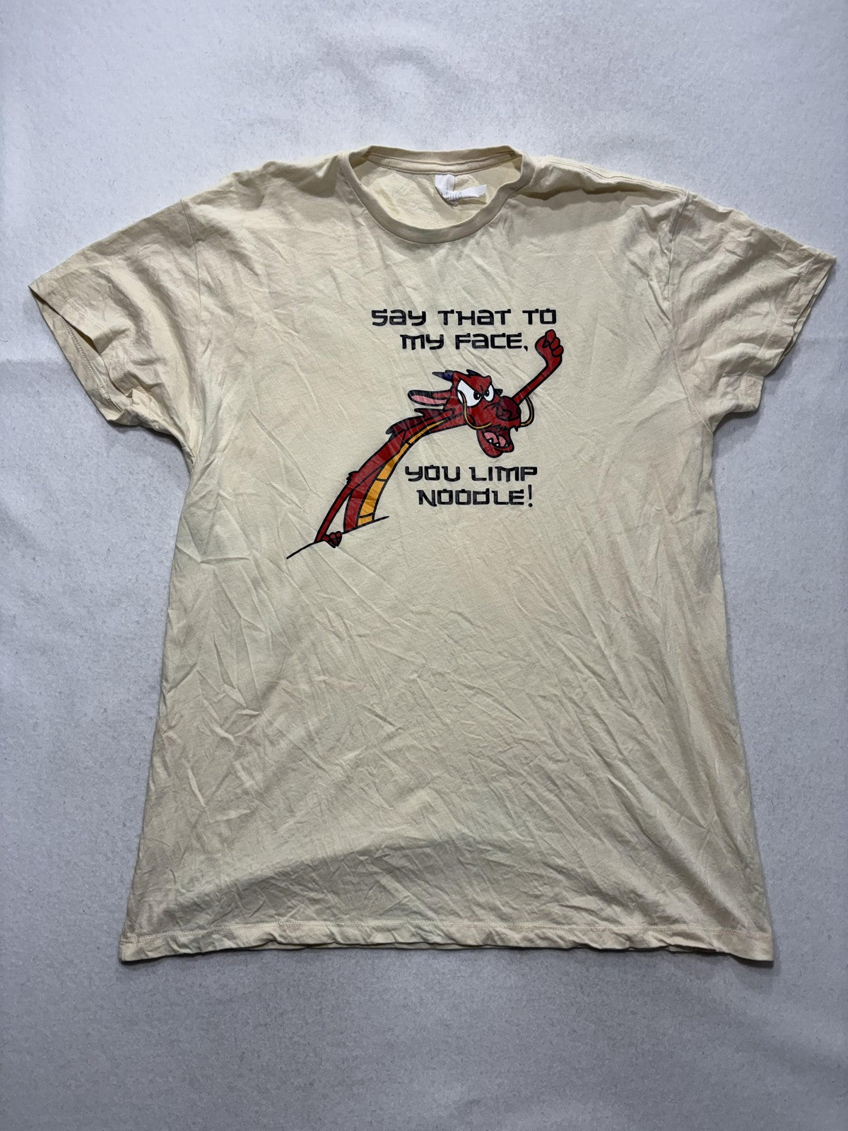Cottonfelt Mens Large White Disney Mulan Mushu Graphic Tee Limp Noodle Quote