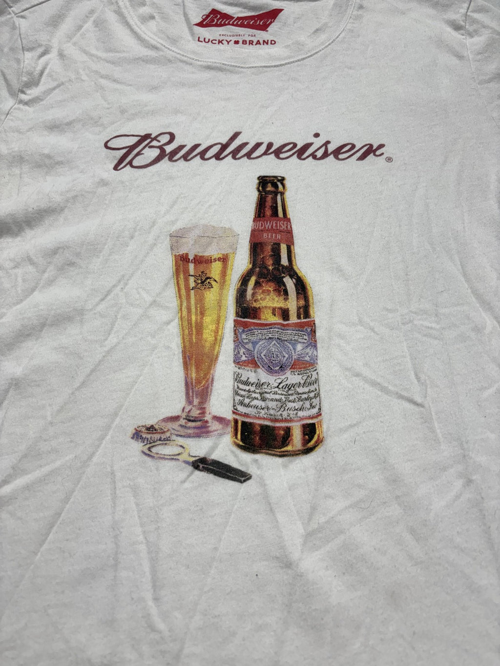 Lucky Brand Shirt Womens Medium White Budweiser Beer Graphic Crew Neck Tee