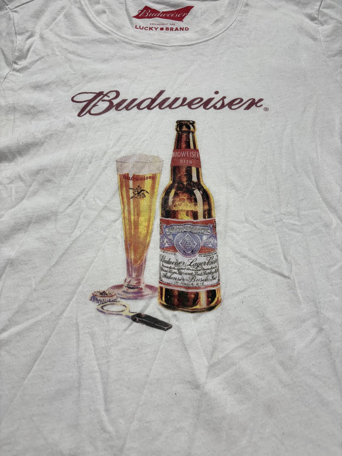 Lucky Brand Shirt Womens Medium White Budweiser Beer Graphic Crew Neck Tee