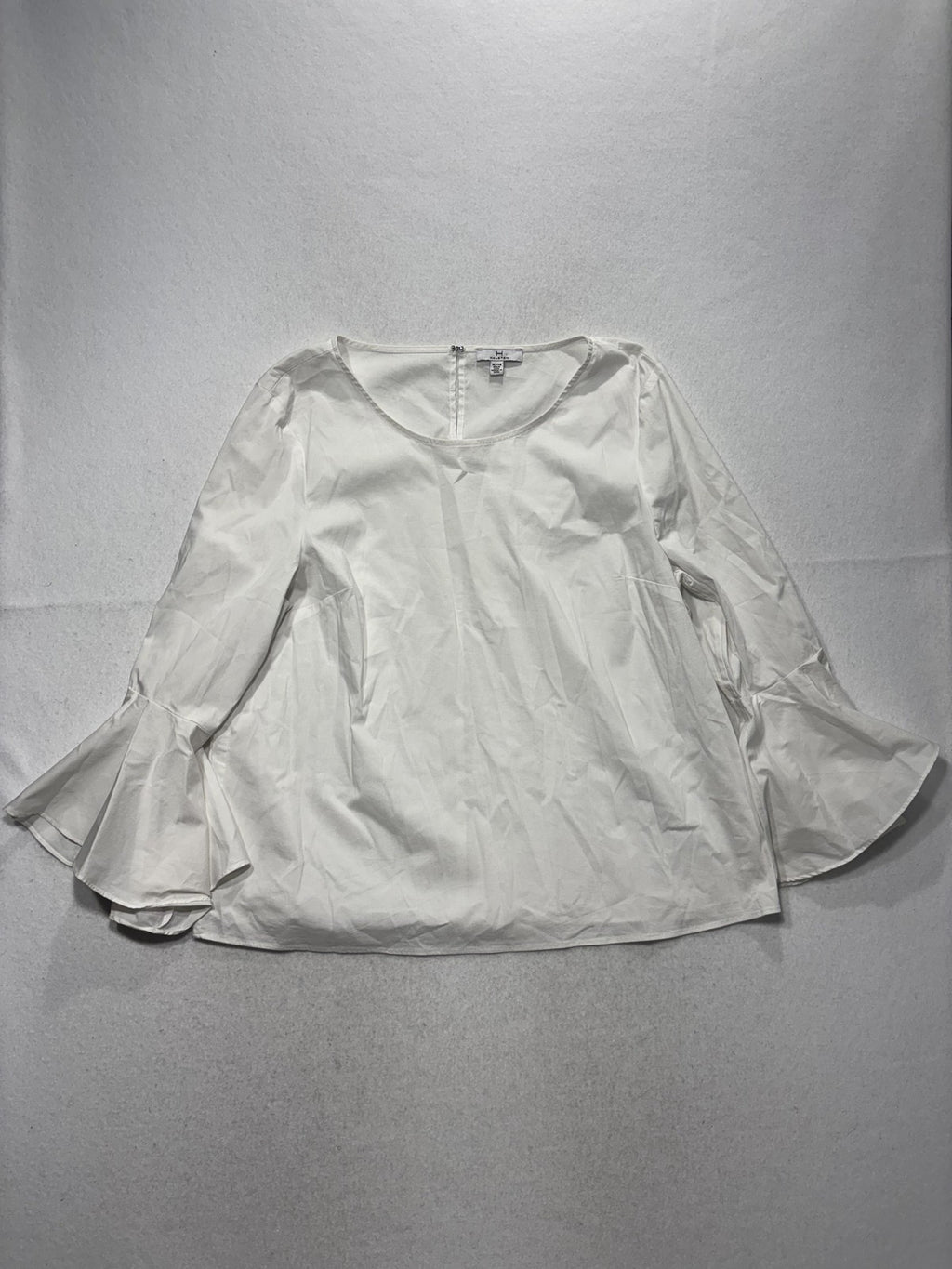 Halston Blouse Womens XL White Scoop Neck 3/4 Ruffle Bell Sleeve Zip Back Top