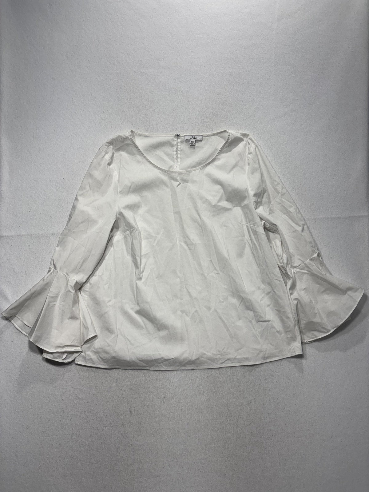 Halston Blouse Womens XL White Scoop Neck 3/4 Ruffle Bell Sleeve Zip Back Top