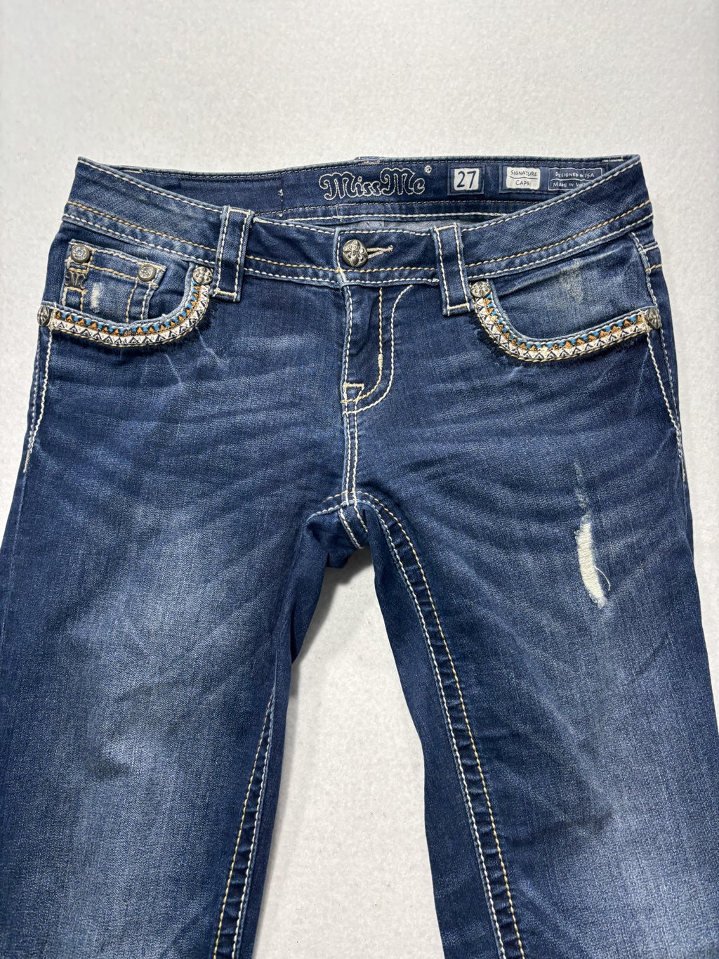 Miss Me Jeans Womens 27 Blue Wash Low Rise Signature Capri Embellished 27x21