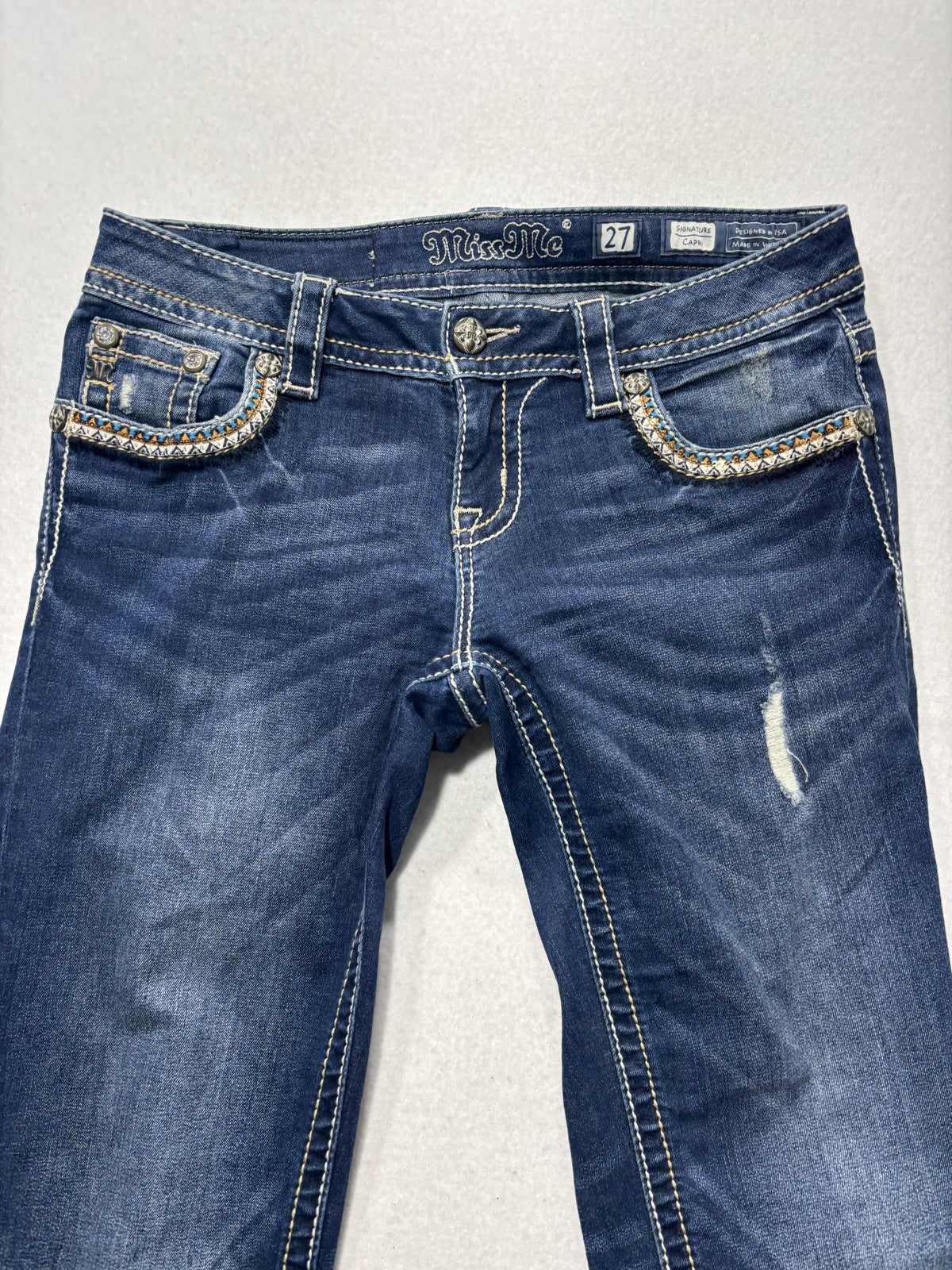 Miss Me Jeans Womens 27 Blue Wash Low Rise Signature Capri Embellished 27x21