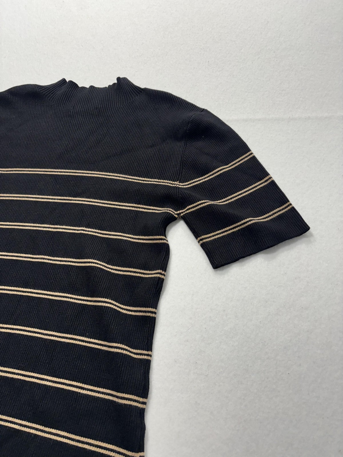 Ellen Tracy Sweater Womens Large Black Stripe Mock Neck Jeweled Shoulder Knit