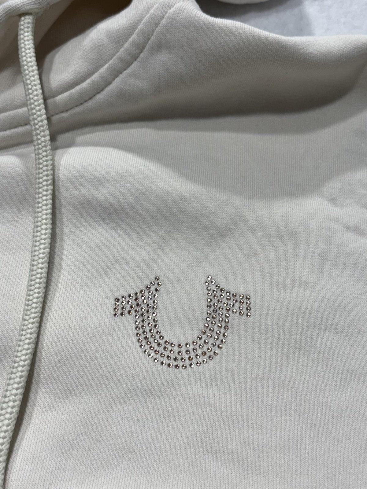 True Religion Hoodie Womens XL White Rhinestone Logo Full Zip Graphic Buddha