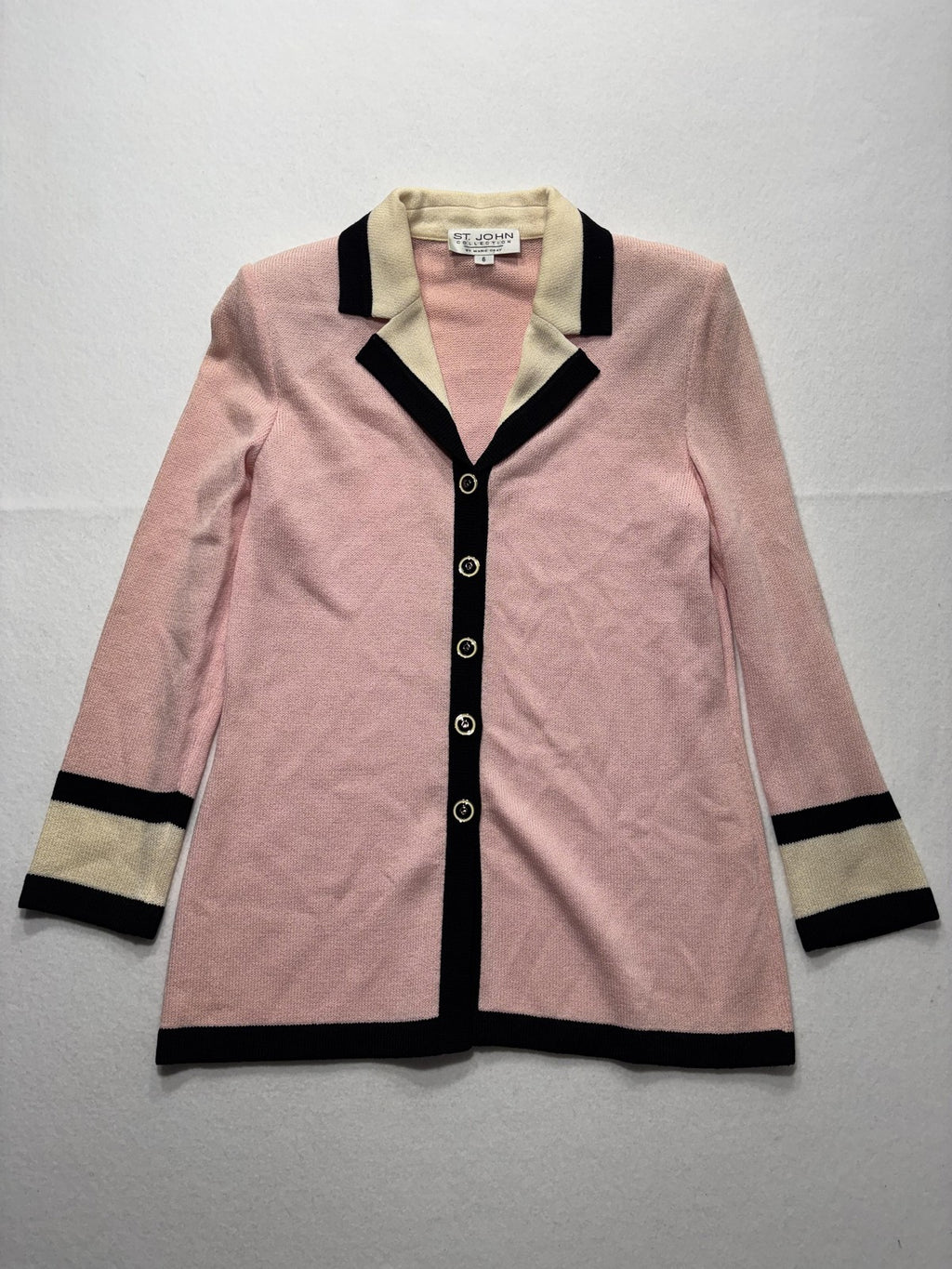 St. John Sweater Womens 6 Pink Collared Button Front Long Knit Cardigan