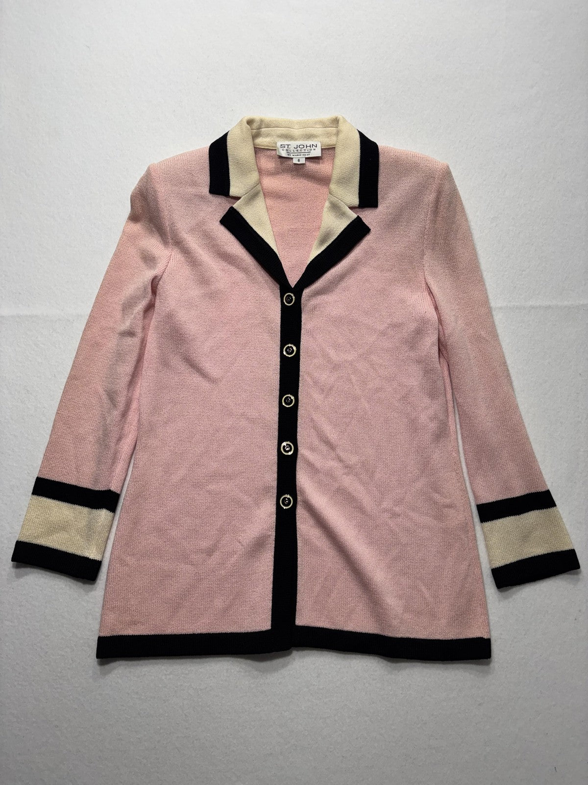 St. John Sweater Womens 6 Pink Collared Button Front Long Knit Cardigan
