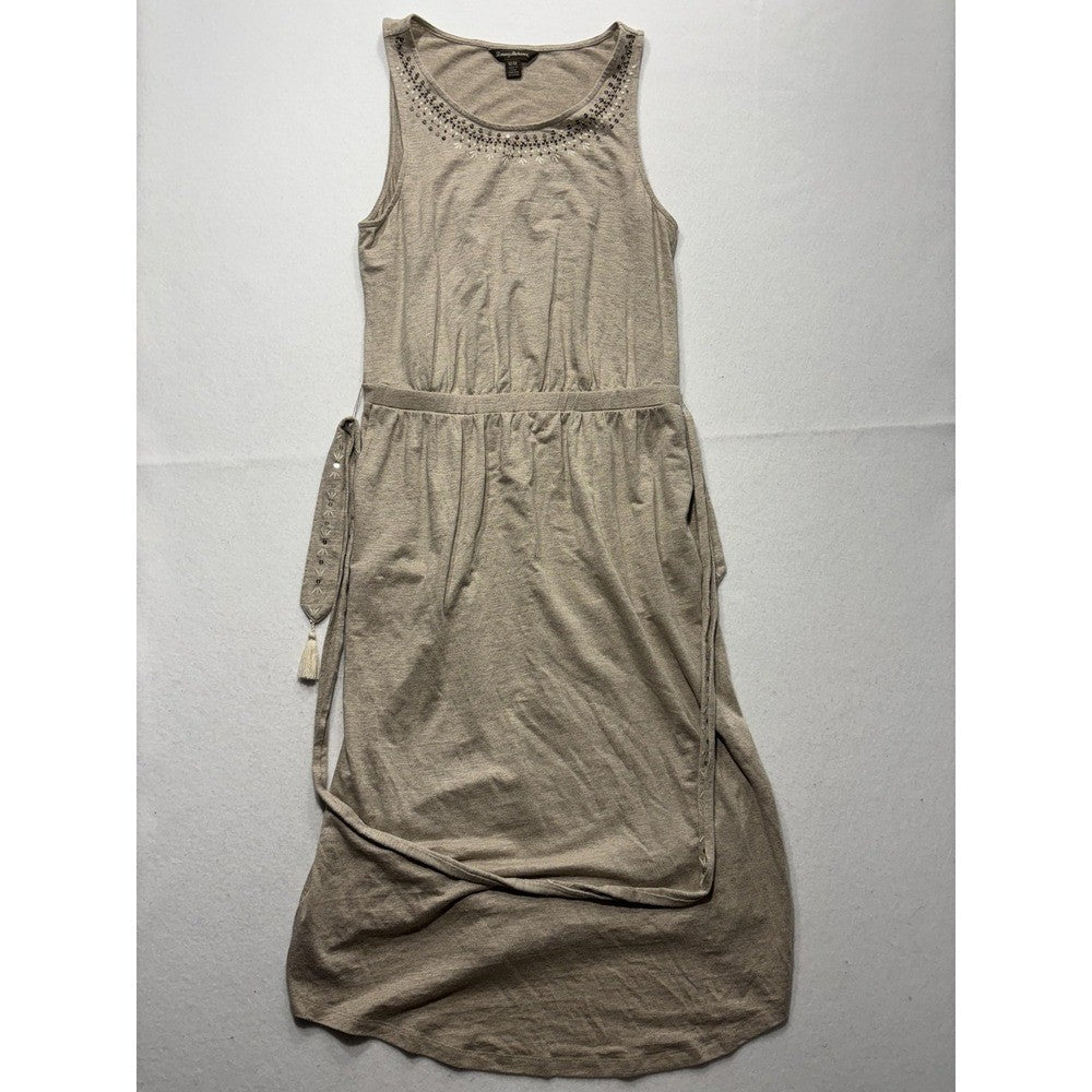 Tommy Bahama Dress Womens Medium Beige Beaded Scoop Neck Belted Hi Low Sundress