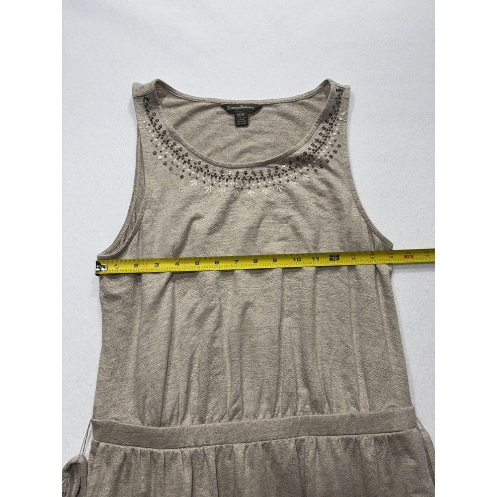 Tommy Bahama Dress Womens Medium Beige Beaded Scoop Neck Belted Hi Low Sundress