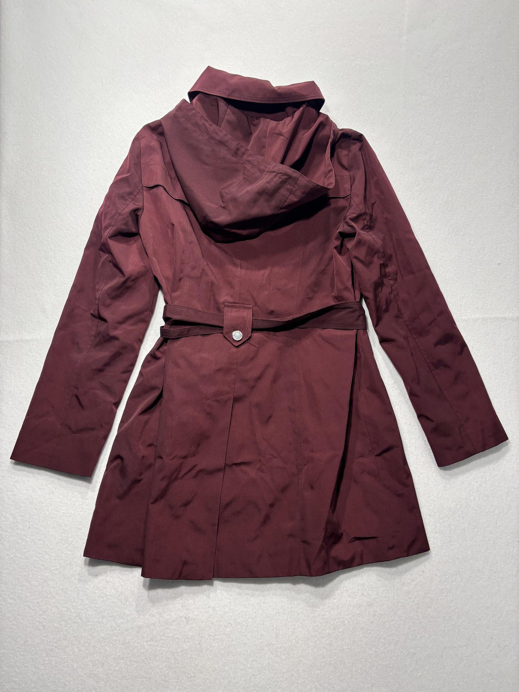 London Fog Trench Coat Womens S Red Belted Hooded Snap Front Mid Length