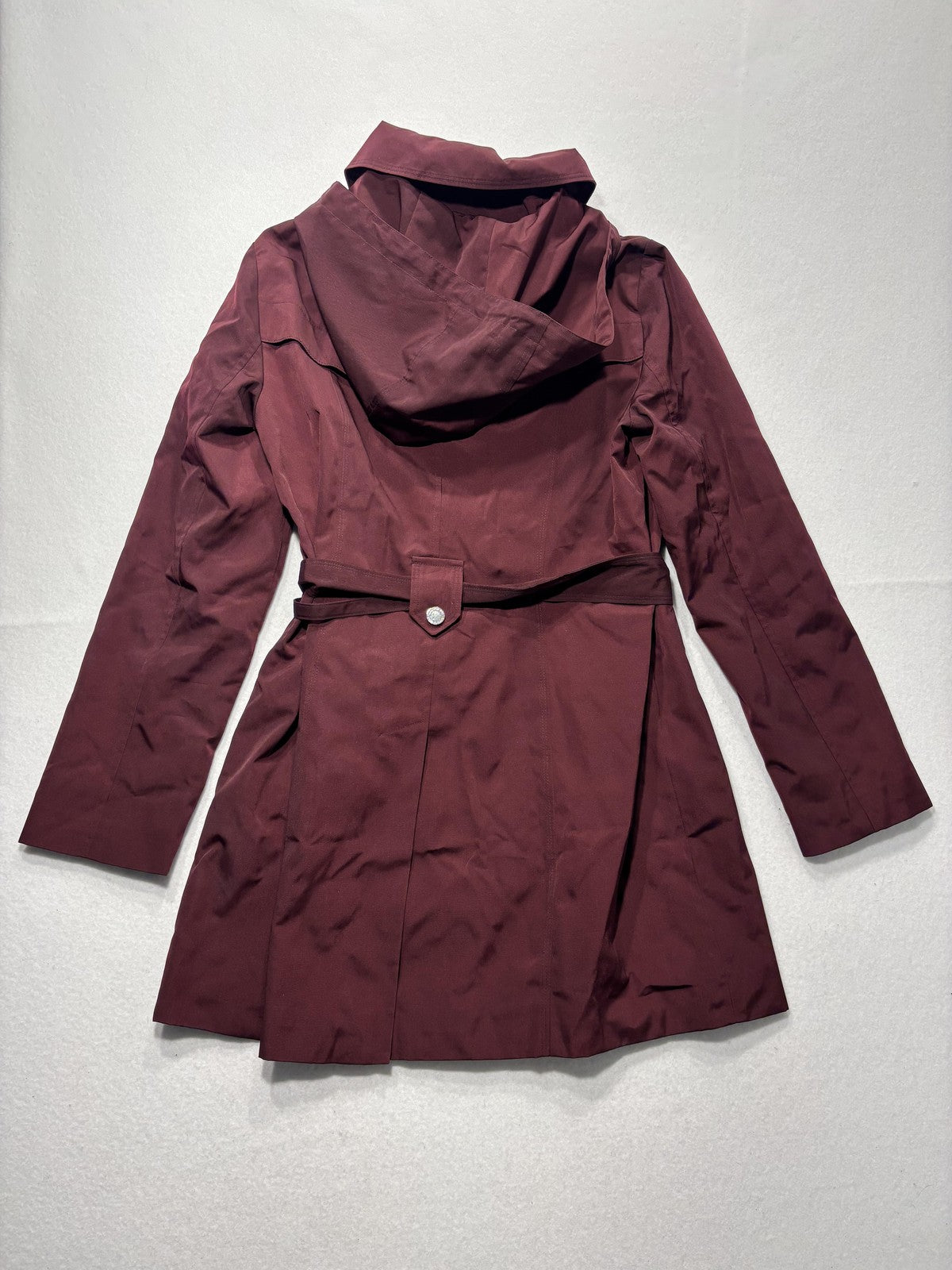 London Fog Trench Coat Womens S Red Belted Hooded Snap Front Mid Length