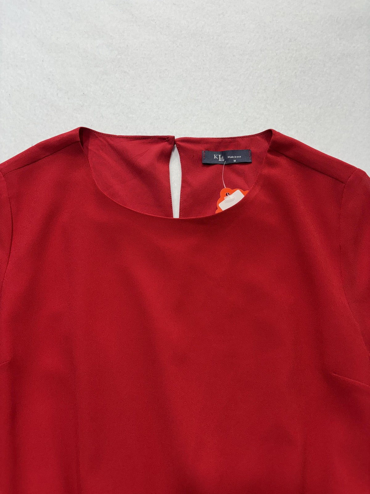 KLD Dress Womens Medium Red Chiffon Belted Fit Flare Long Sleeve Round Neck Mini