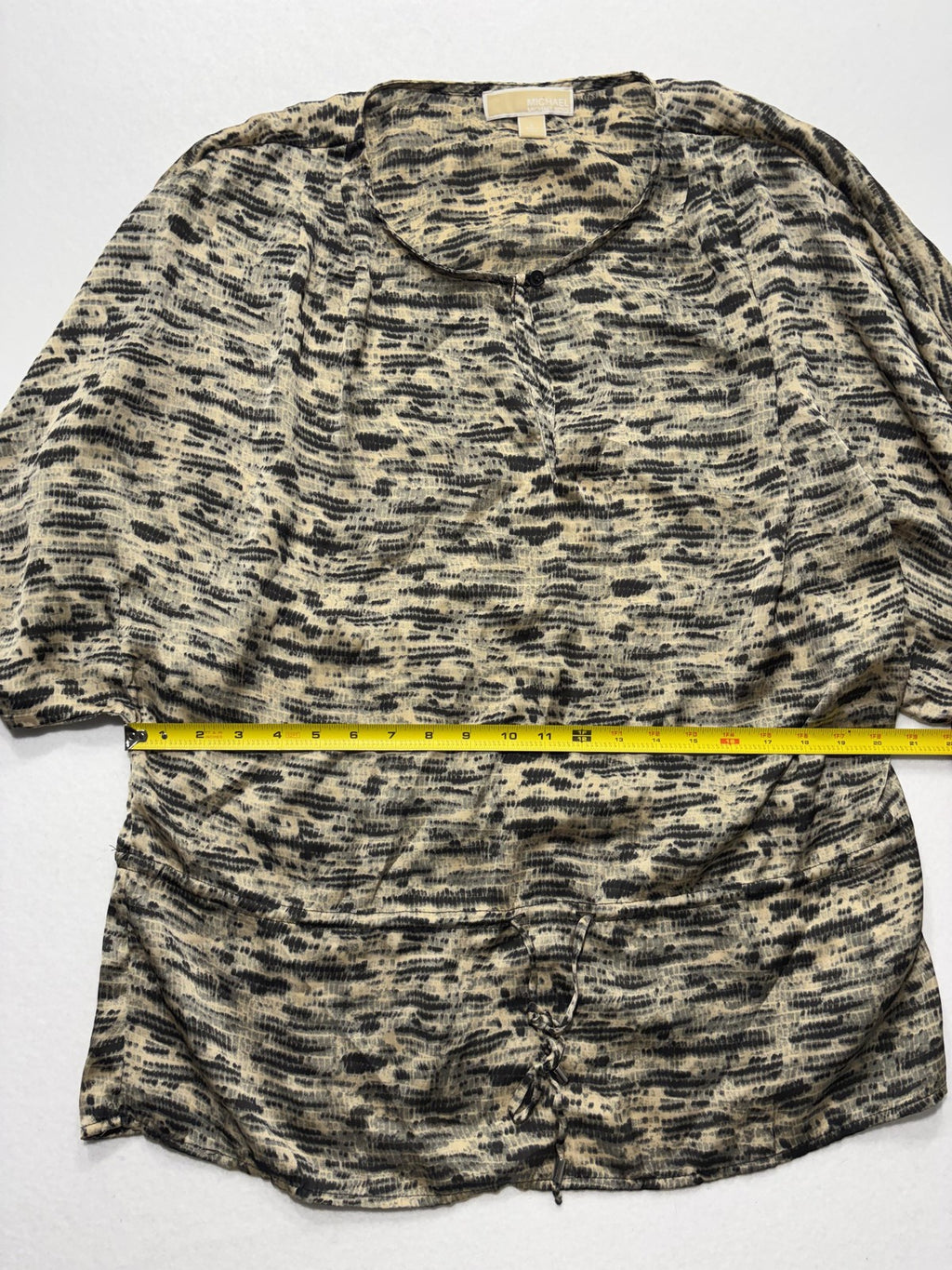 MICHAEL Michael Kors Top Womens L Beige Animal Print Tunic Henley Sheer Blouse
