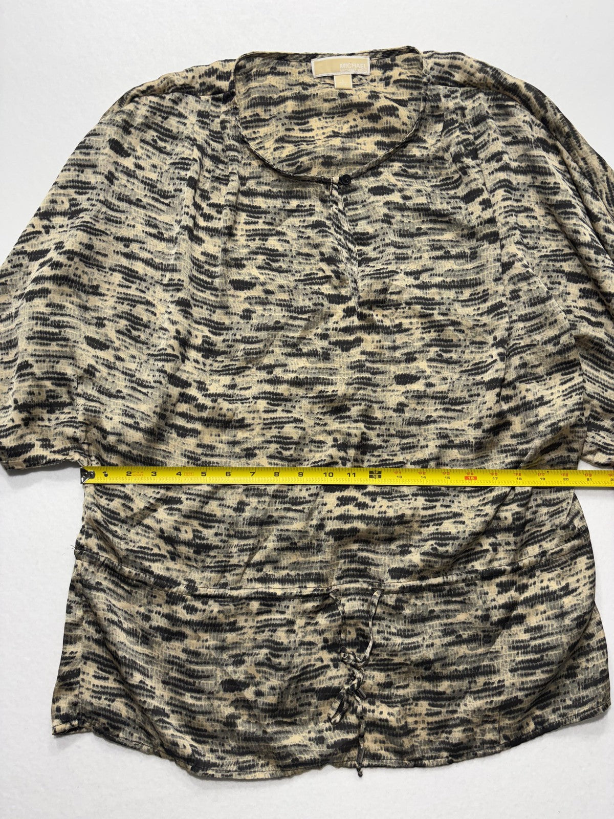 MICHAEL Michael Kors Top Womens L Beige Animal Print Tunic Henley Sheer Blouse