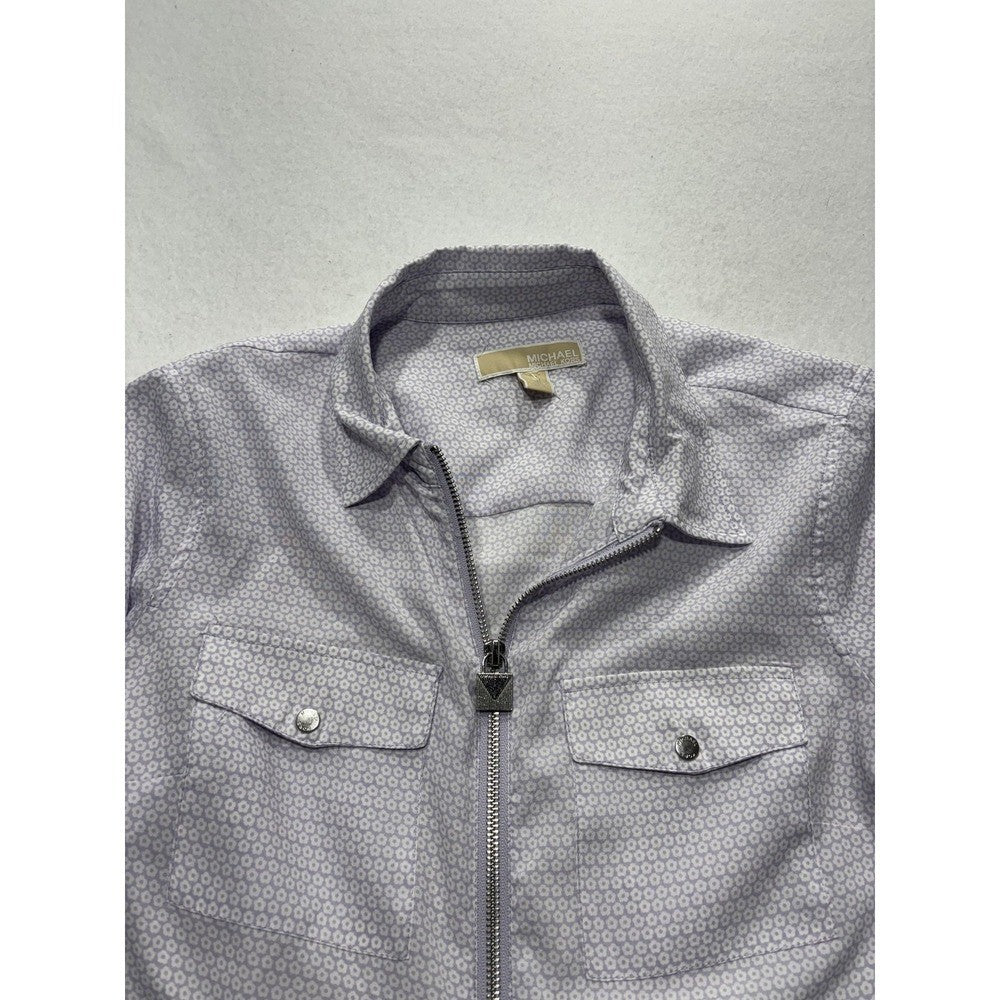 MICHAEL Michael Kors Blouse Womens Medium Purple Collared Zip Geometric Print